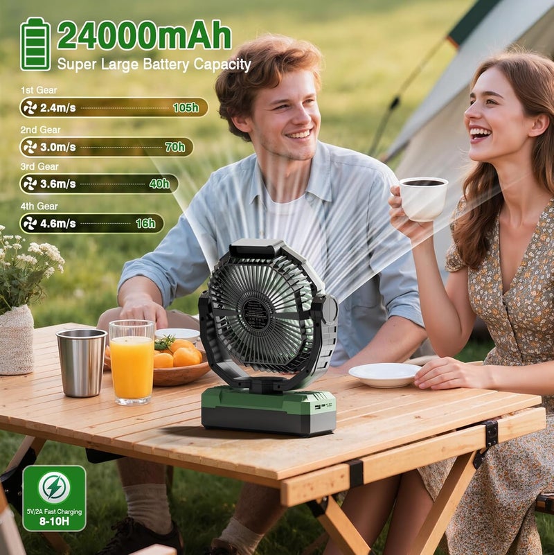 FRIZCOL 3-in-1 Camping Fan - Portable Fans Rechargeable - 24000mAh Battery Powered Fan(105Hrs) with Light & Remote for Indoor, Outdoor, Tent, Travel, Fishing, Jobsite, Gifts for Men Dad Him - Green - Image 2